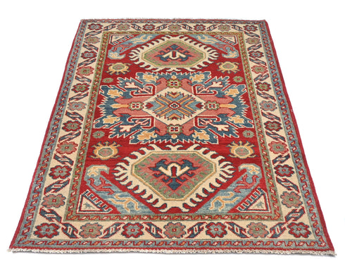 3x4 Red Kuba Afghan Hand Knotted Wool Area Rug